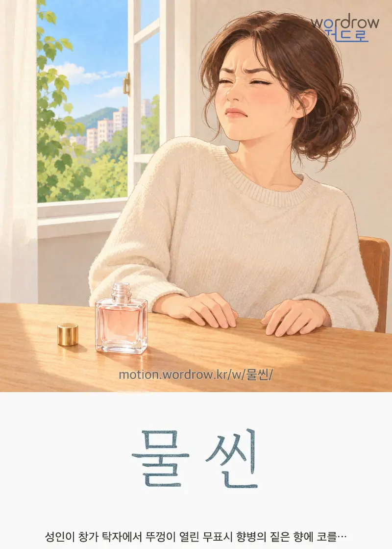 물씬 — 성인이 창가 탁자에서 뚜껑이 열린 무표시 향병의 짙은 향에 코를…