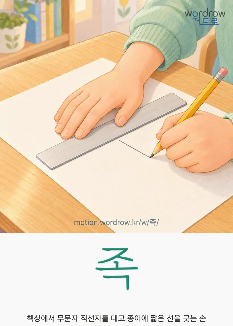 족 — 책상에서 무문자 직선자를 대고 종이에 짧은 선을 긋는 손