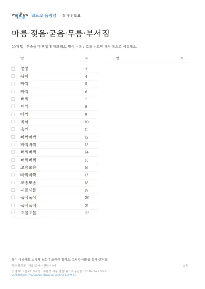 마름·젖음·굳음·무름·부서짐 수록 단어 20개와 쪽수가 적힌 목차