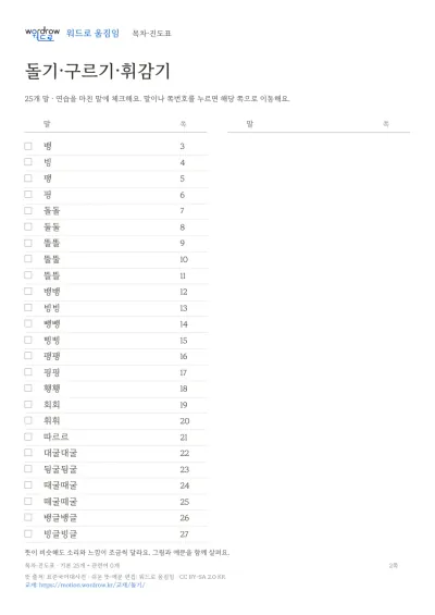돌기·구르기·휘감기 수록 단어 25개와 쪽수가 적힌 목차