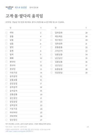 고개·몸·팔다리 움직임 1권 수록 단어 37개와 쪽수가 적힌 목차