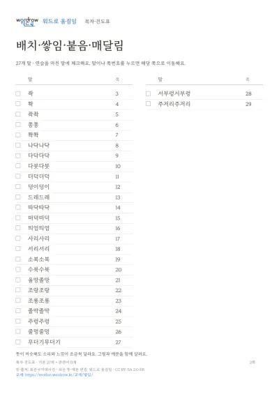 배치·쌓임·붙음·매달림 수록 단어 27개와 쪽수가 적힌 목차