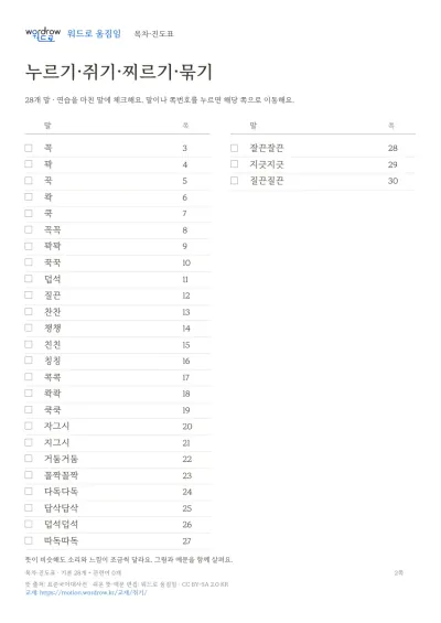 누르기·쥐기·찌르기·묶기 수록 단어 28개와 쪽수가 적힌 목차
